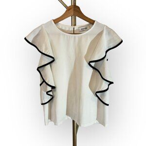 DO+BE Sleeveless Ruffle Blouse Top Key Hole Back in White/Black Trim Womens MD